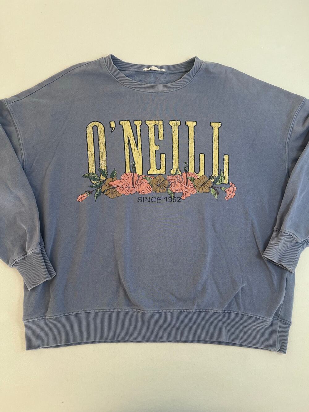 O’Neill Womens M Blue Floral Graphic Crewneck Sweatshirt Oversized Surf Y2K